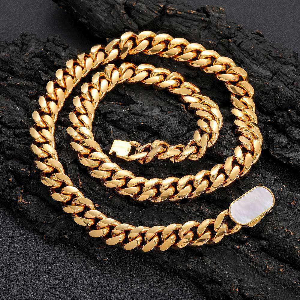Hip Hop Shell Buckle Stainless Cuban Chain Men's Trendy Brand Personality Titanium Steel Gold Necklace 6a2e