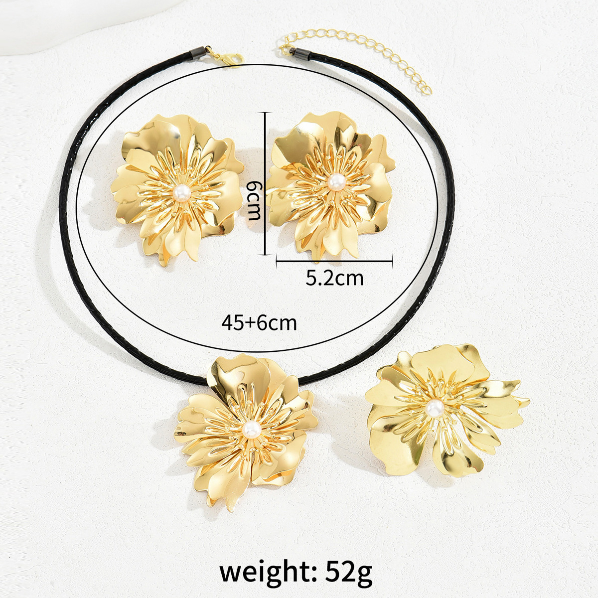 French Style Simple Floral Necklace Set With Personalized Pearl Inlay For Women, Including Rings And Stud Earrings