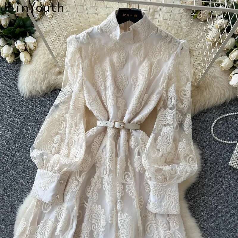 2025 Vestidos De Mujer Maxi Dresses Women Lantern Sleeve Stand Neck Temperament Robe Femme Lace Gauze Embroidery Elegant Dress