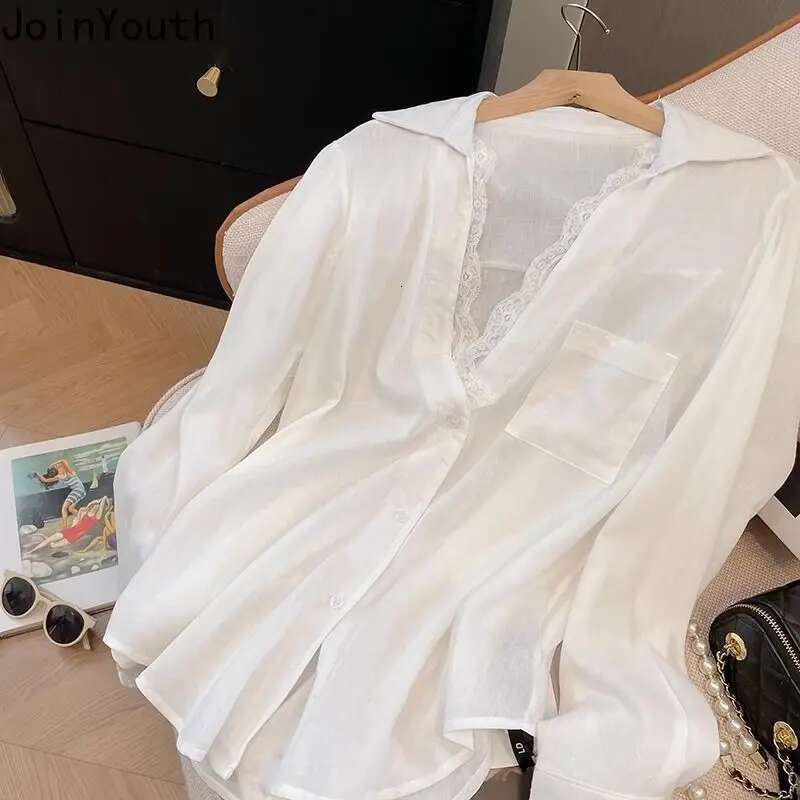 Temperament Tops White Blouses Women Clorhing 2025 Blusas Mujer De Moda Fake Two Shirts Patchwork Lace Simple Oversized Blouse