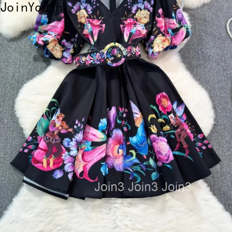 Woman Evening Dress Fashion V Neck Puff Sleeve Mujer Belt Print Vintage Slim Party Dresses Elegant Panelled High Waist Vestidos