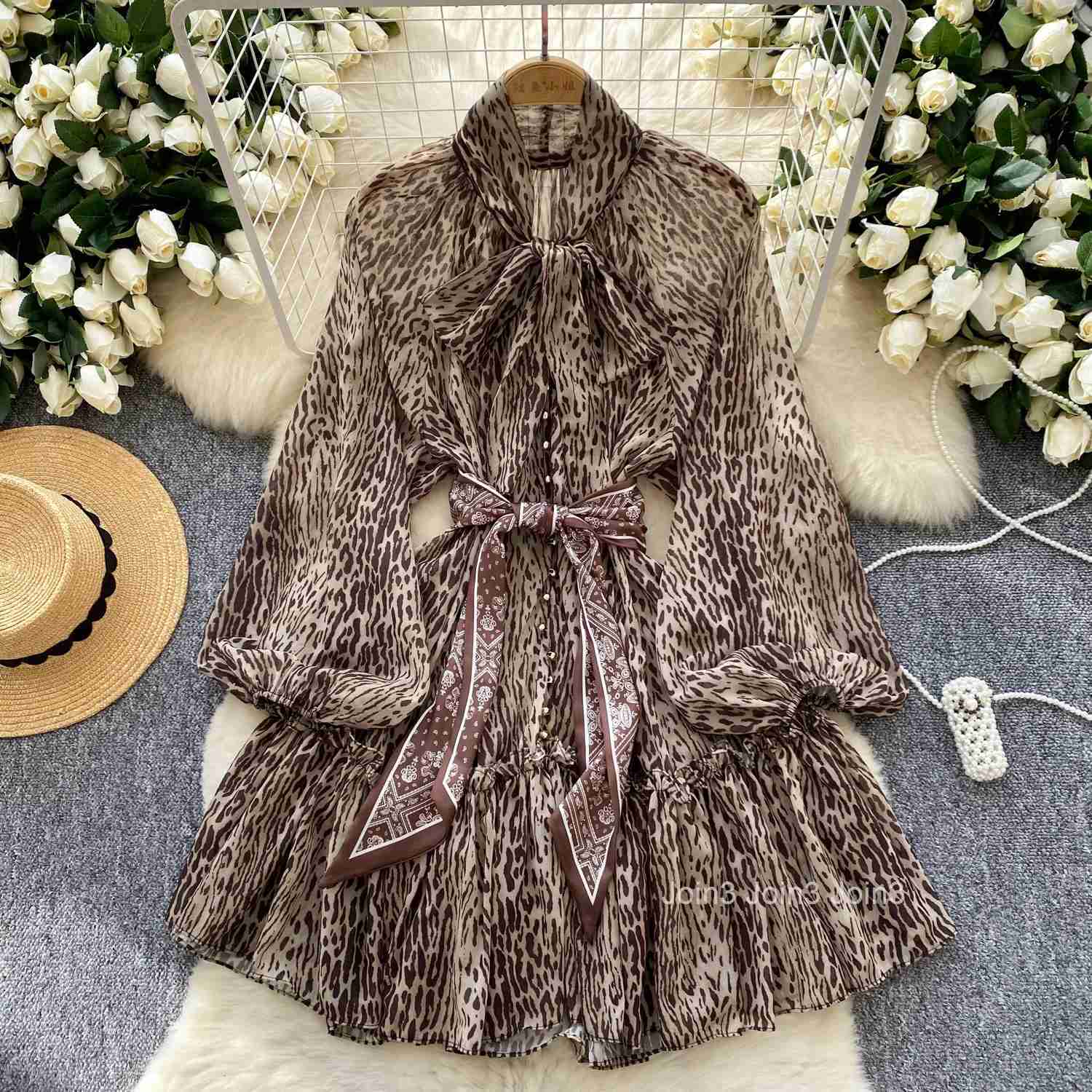 Summer Dress Women Clothing 2025 Vestidos De Mujer Slim Waist Bandage Lantern Sleeve Robe Femme Leopard Print Gauze Sexy Dresses