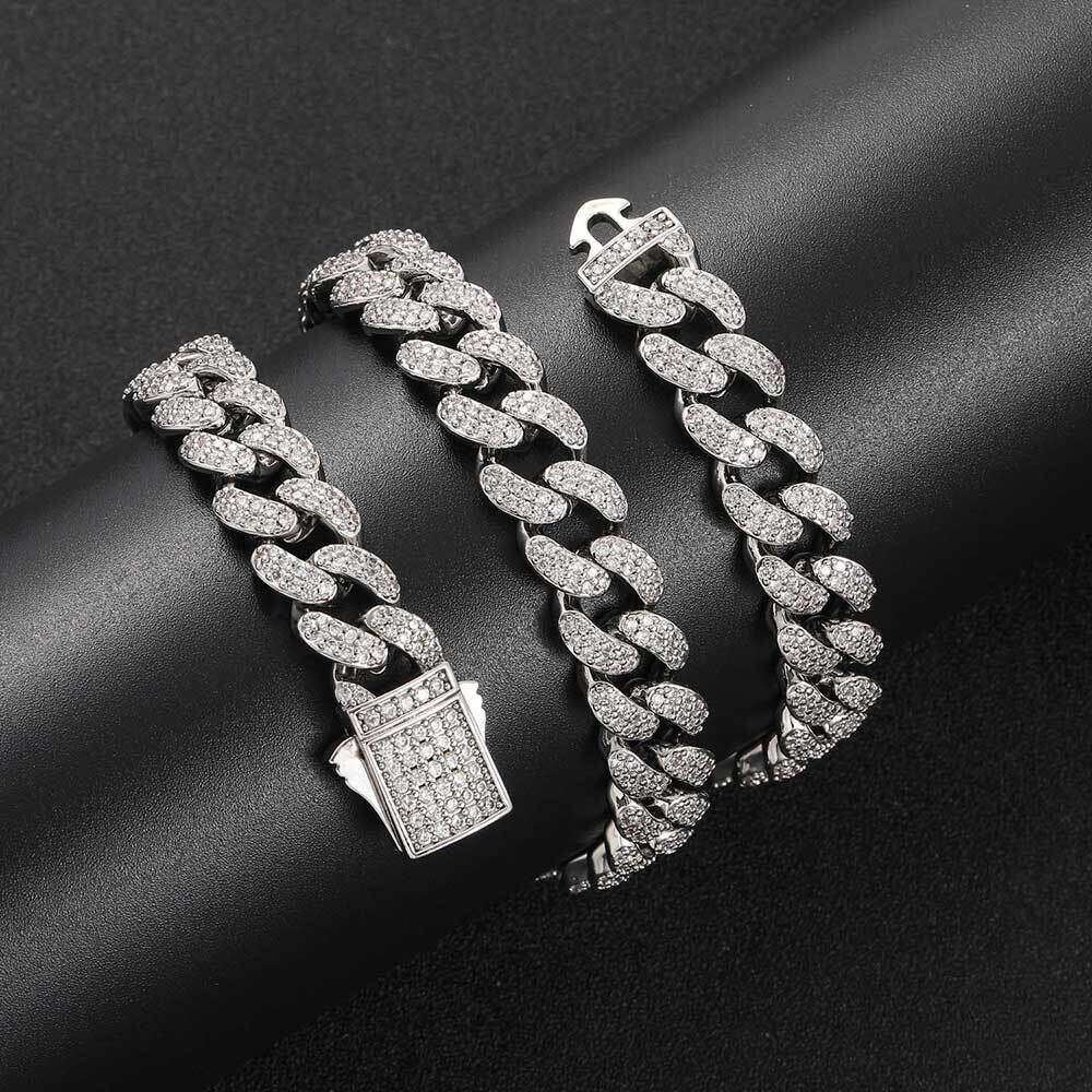 12mm Spring Snap Double Row Zircon Cuban Chain Trendy Personality Men's Hip Hop Necklace Bracelet e6a0