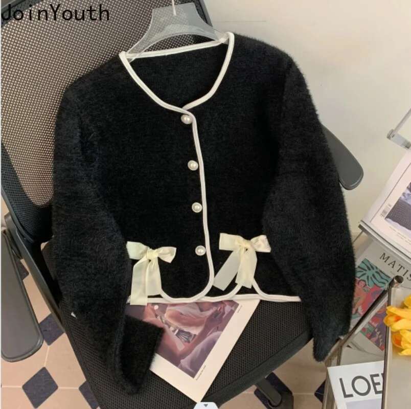 Knitwear Women Cardigan Coat O-neck Long Sleeve Sweet Bow Sueter Mujer Fashion Korean Pull Femme Temperament Cropped Sweater