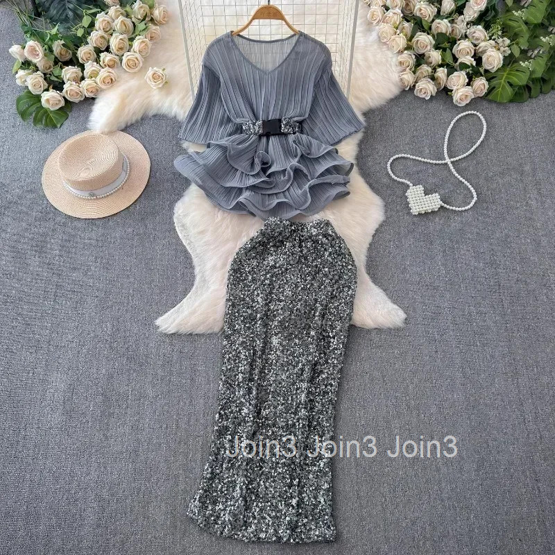Temperament Skirt Suit V-neck Tunic Ruffles Short Sleeve Tops High Waist Bodycon Skirts 2025 Summer New Two Piece Sets Women