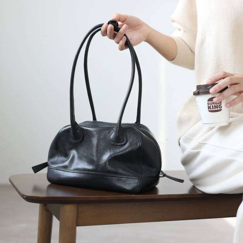 Women's Genuine Leather Vintage Zipper Handbag Small Size Tote Real Cowhide Singel Shoulder Bags