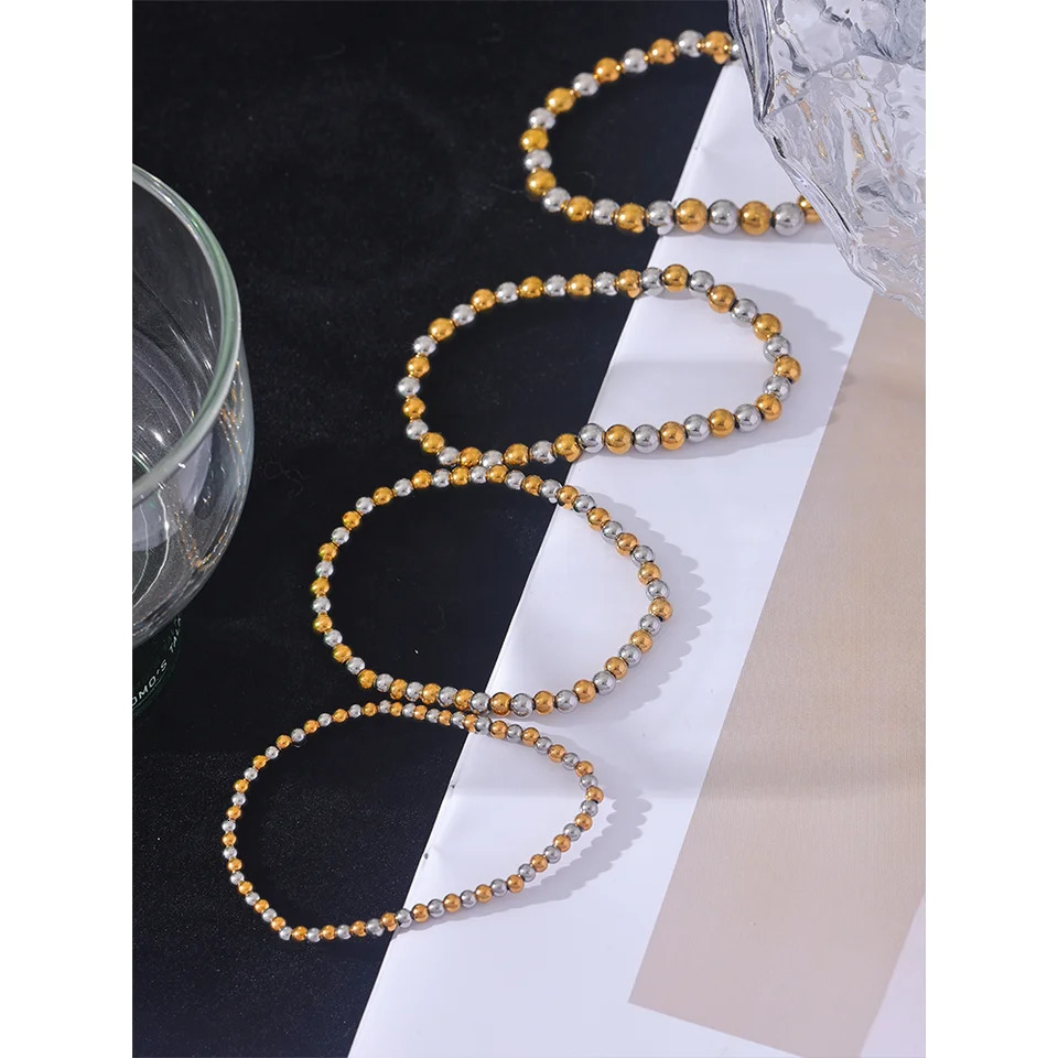 Yhpup 3456 MM Stainless Steel Beads Daily Handmade Elastic Bracelet Bangle Waterproof Wrist Wholesale Gold Color Jewelry Men 250606