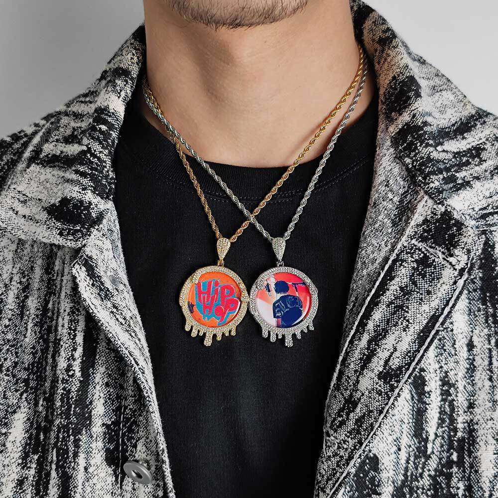 New Hip-Hop Jewelry Round Water Drop Photo Frame Pendant Micro-Paved Zircon Personality Creative DIY Necklace d5bd