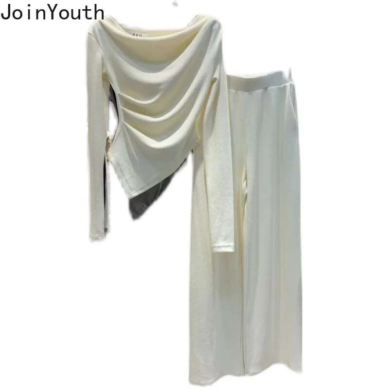 2025 Women Clothing Korean Two Piece Sets Slim Waist Irregular Tops High Waist Straight Wide Leg Pants Outfits Casual Chic Suit