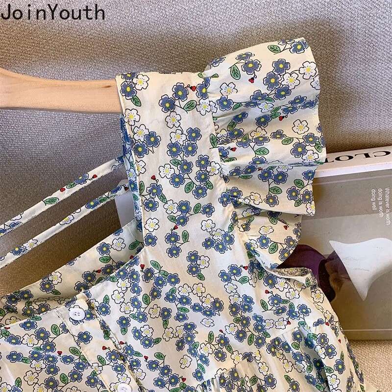 Korean Sweet Women Shirt Square Collar Flying Sleeve Blouses Crop Tops Ruffles Floral Summer Blouse 2025 Camisas De Mujer 27x451