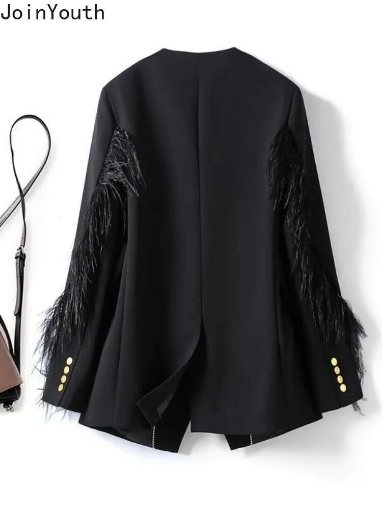 Temperament Lady Tops Streetwear Korean Oversized Jackets 2025 Ropa Mujer Fashion Outwear Patchwork Feather Casual Black Coats