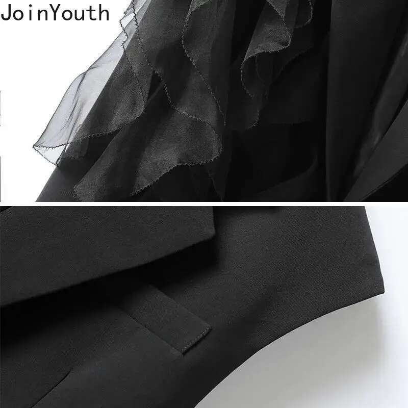 Black Vest Sleeveless Coat Women Patchwork Chiffon Ruffles Waistcoats Temperament Tops Chic Korean Tanks Chalecos Para Mujer