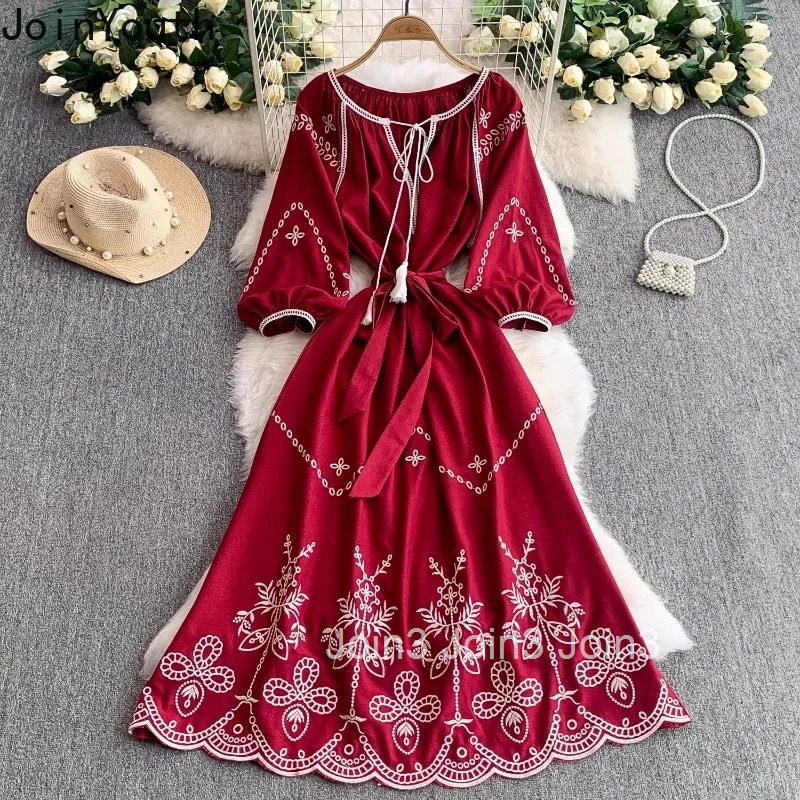 Vintage Dresses Womens Clothing 2025 Vestidos De Mujer O-neck Bandage Lantern Sleeve Robe Femme Chic Embroidery Summer Dress