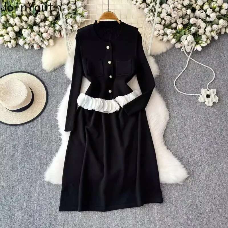 Women Clothing Knitted Outfits Two Piece Sets Long Sleeve Tunic Dresses Ruffles Single Breasted Vest Suit Vintage Korean Set