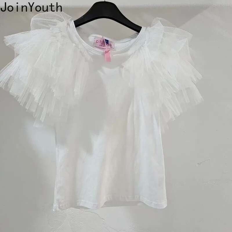 White T Shirts Womens Clothing Patchwork Gauze Tees O-neck Short Sleeve Summer Camisetas 2025 Ropa Mujer Casual Chic Tshirt