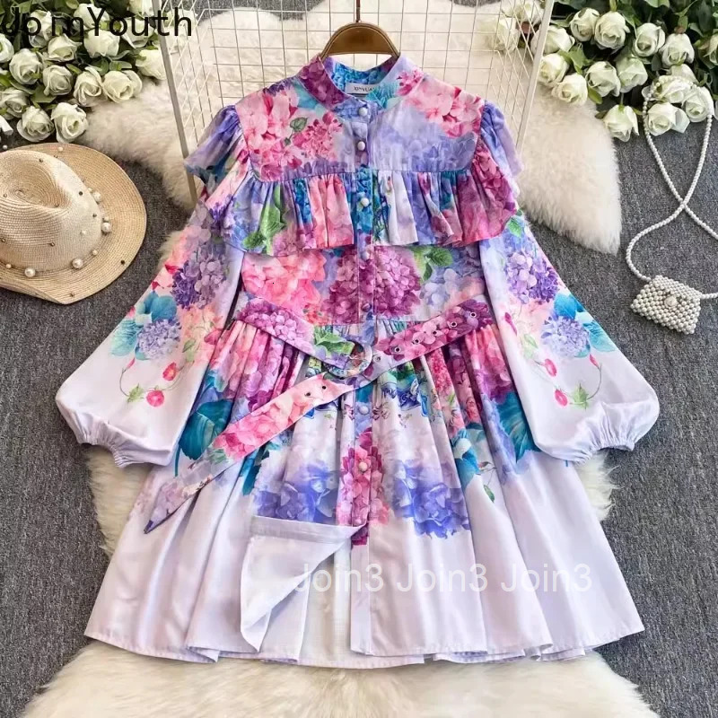 Temperament Woman Dress Floral Summer Robe Femme Stand Neck Lantern Sleeve Ruffles A-line Mini Dresses 2025 Vestidos De Mujer