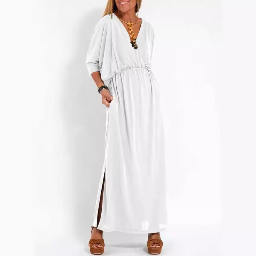 L624European and American cross-border summer new fashion solid color high waist slit V neck dress