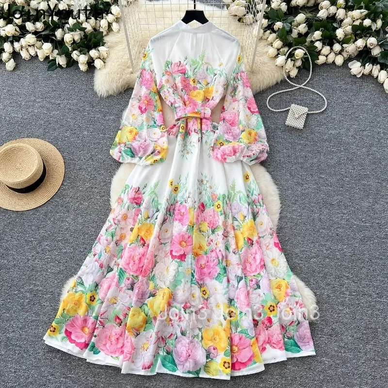2025 Vestidos Mujer De Moda Floral Elegant Dress for Women Slim Waist Single Breasted Lantern Sleeve Robe Femme Maxi Dresses