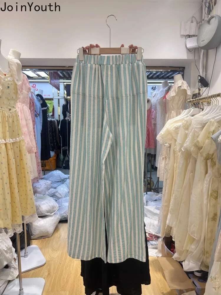 Korean Wide Leg Pants 2025 New Bottoms Elastic Waist Casual Striped Trousers Fashion Straight Loose Summer Pantalon Femme 63e072