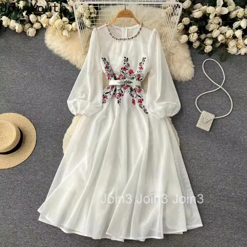 2025 Vestidos De Mujer Embroidery Maxi Dress Women Clothing O-neck Beading Slim Waist Robe Femme Chic Vintage Summer Dresses