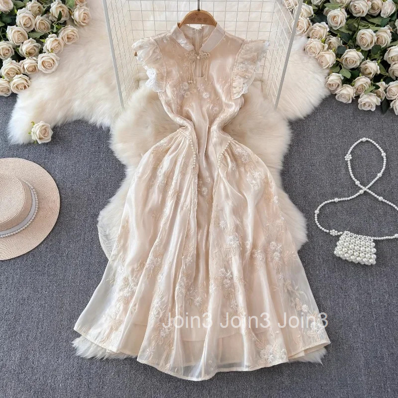 Vintage Womens Dress Heavy Beading Embroidery Vestidos Mujer Temperament Flying Sleeve Robe Femme Chic Beading Summer Dresses