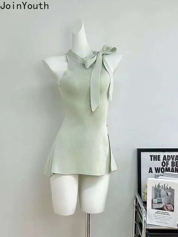 O-neck Sleeveless Bandage Tank Womens Clothing Solid Color Slim Fit Camis Knitted Split Summer Sexy Vest Tops 2025 Ropa Mujer