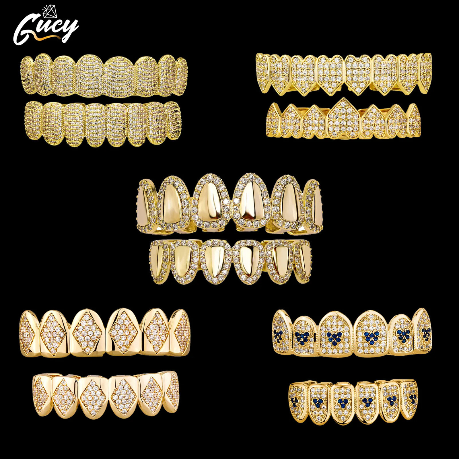 GUCY Hip Hop Teeth Set For Unisex Top Bottom Mouth Grills Shiny CZ Fashion Jewelry Gift 250613