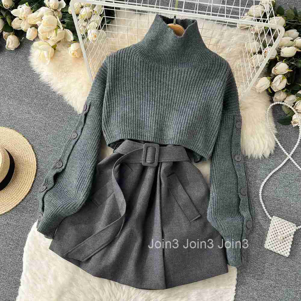 Korean Women Clothing Two Piece Sets Knitted Turtleneck Cropped Pullovers Slim Waist Mini Dress Outfits Chic Casual Suit 7n232