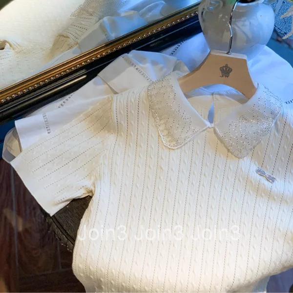 Lace Peter Pan Collar Sweet T Shirts Womens Clothes Chic Vintage Tees Casual Knitted Tshirt Short Sleeve Solid Color Camisetas
