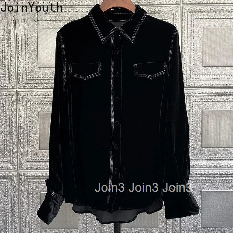 Korean Blouse Women Clothing Temperament Velvet Long Sleeve Shirts Oversized Tops Fashion Casual Black Blouses Camisas De Mujer