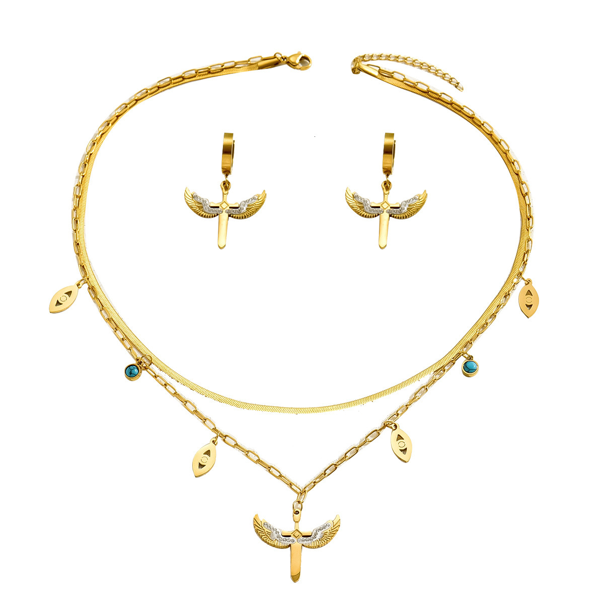 Unique Earrings And Necklace Set With Zircon Inlay, Double Layer Design, Long Clavicle Chain
