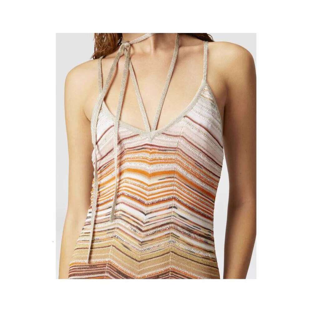 Striped Knitted Long Dress For Women Spring Summer Sequined Design Hanging Neck Casual Sleeveless Robes