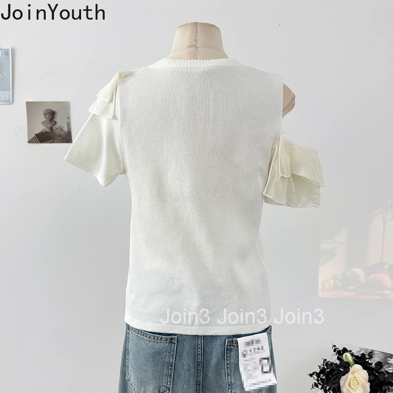 Women Clothing 2025 Ruffles Summer T Shirts Ropa Mujer Short Sleeve O-neck Camisetas Contrast Color Off Shoulder Ruffles T-shirt