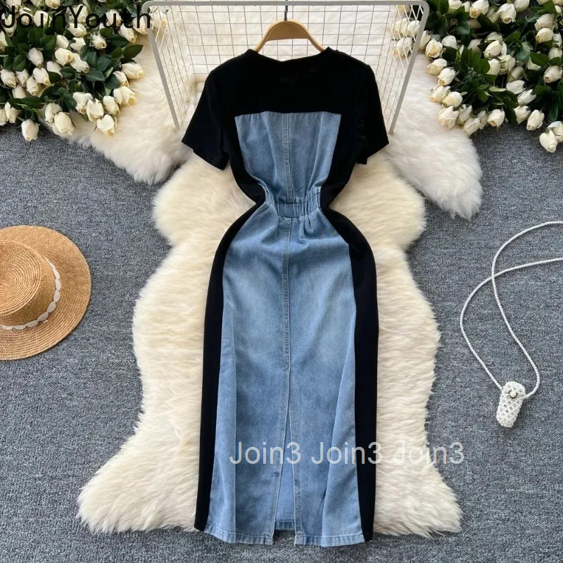 Summer Y2k Dresses for Womens O Neck Half Sleeve Casual Korean Femme Robe High Waist Slim Fit Patchwork Denim Fashion Dress