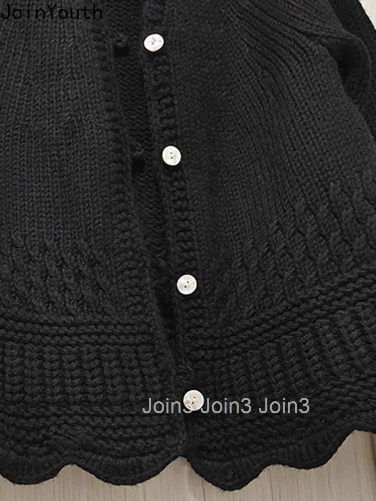 Black Single Breasted Knitted Sweater Jacket Sueter Mujer Fall Winter Clothing Pull Femme Loose Vintage Ruffles Cardigan Tops