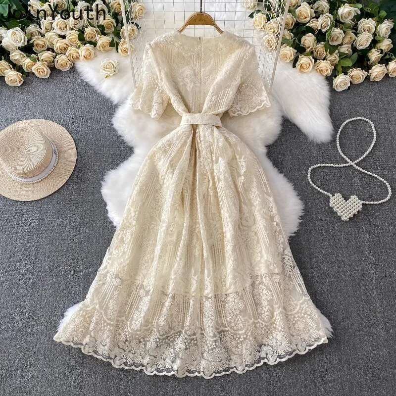 Temperament Robe Femme Summer Elegant Dresses for Women 2025 Vestidos De Mujer V-neck Short Sleeve Tunic Lace Beading Maxi Dress