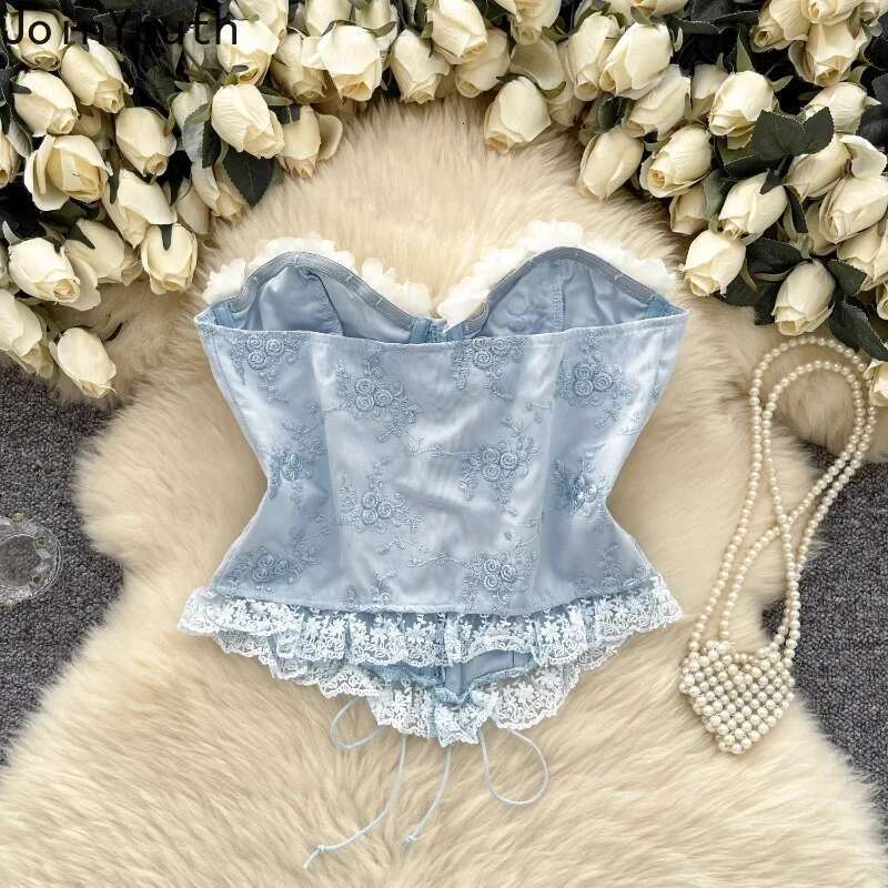 Womens Clothing Crop Top Sexy Tanks 3D Floral Bandage Tunic Camis 2025 Ropa Mujer Y2k Top Patchwork Lace Backless Summer Vest