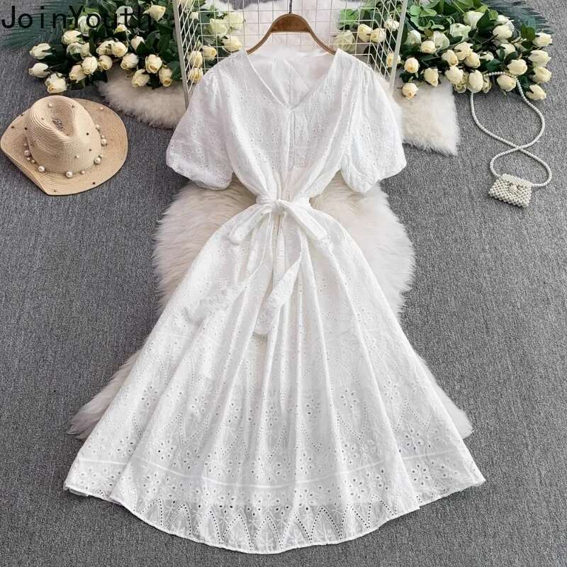Summer Womens Dress V-neck Puff Sleeve Slim Waist Robe Femme Hollow Out Bandage Vintage White Dresses 2025 Vestidos De Mujer