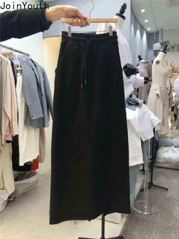2025 Faldas Mujer De Moda Casual Skirts for Women High Waist Solid Color A-line Korean Jupe Bandage Fashion Bodycon Long Skirt