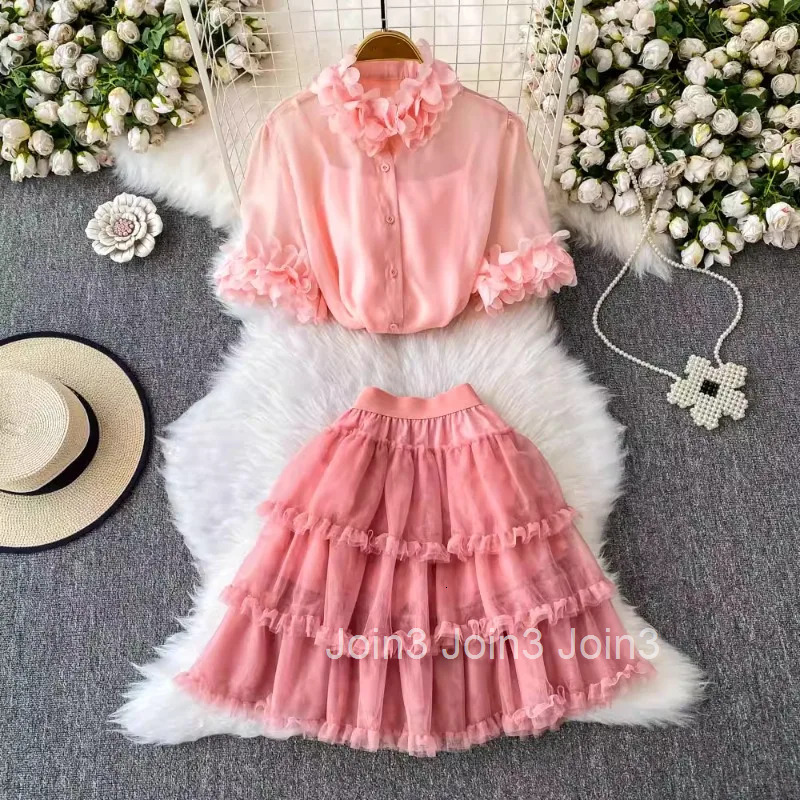 3 Piece Sets Women Clothing Skirt Outfits Floral Stand Neck Shirt Slim Fit Vest Ruffles Sweet Skirt Suit Chic Korean Summer Set