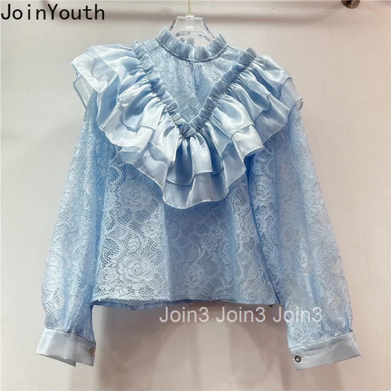 Womens Tops 2025 Camisas De Mujer Stand Neck Long Sleeve Lace Blouses Ruffles Hollow Out Fashion Summer Chiffon Shirt Blouse