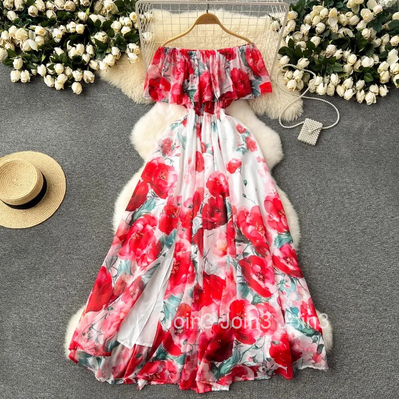 Chiffon Maxi Dresses Women Clothing Slash Neck Off Shoulder Floral Long Robe Femme 2025 Vestidos De Mujer Summer Beach Dress