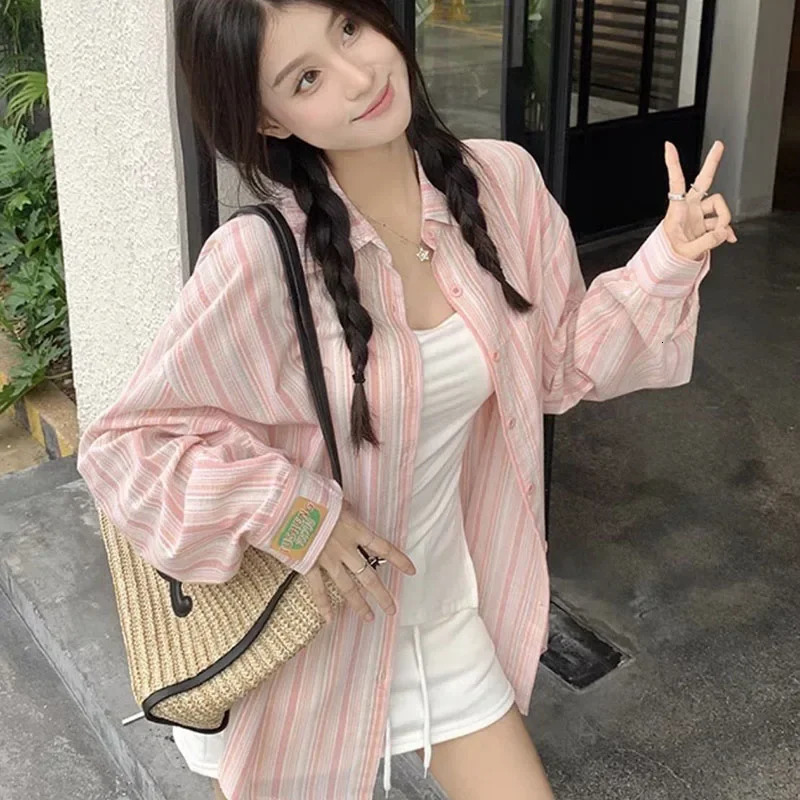 Pink Striped Shirt Women Korean Style Loose Long Sleeved Button Up Blouse Ladies Autumn Wild Streetwear Casual Shirts 250616