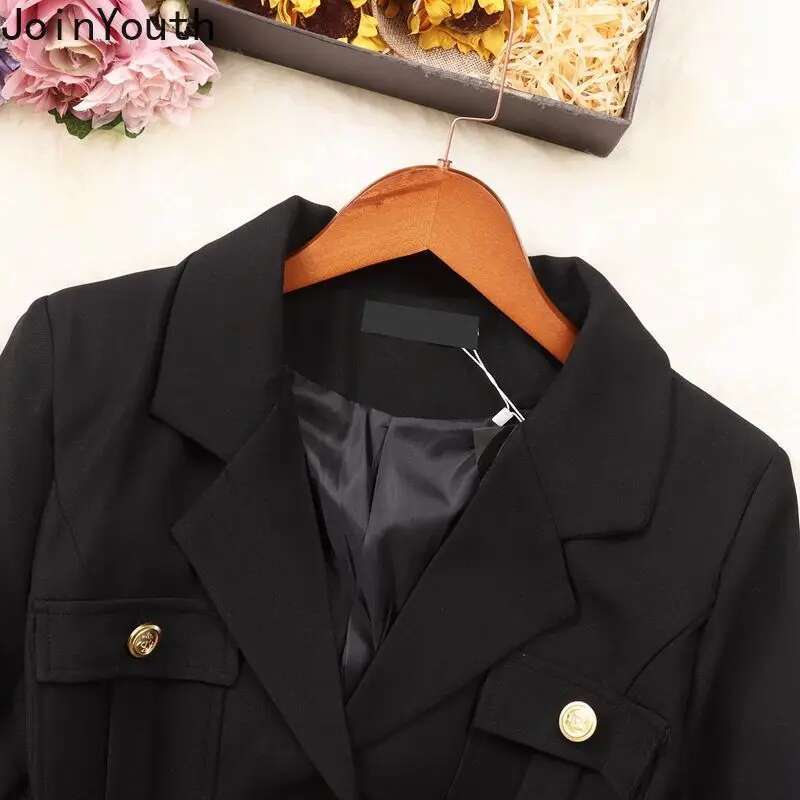 Winter Clothes Temperament 2 Piece Set Women Double Breasted Buckle Tunic Jackets High Waist Short Suit Thicked Vintage Outfits