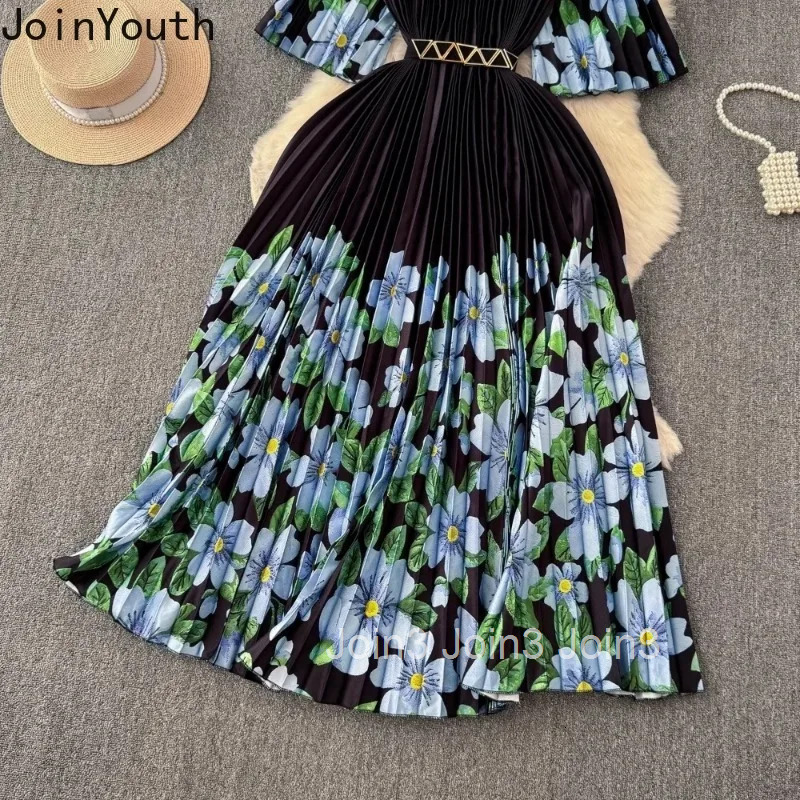 Vestido Femme O Neck Flare Sleeve Patchwork Summer Dress Pleated Belt Print Panelled Tunic Maxi Dresses Mujer Elegant Femme Robe