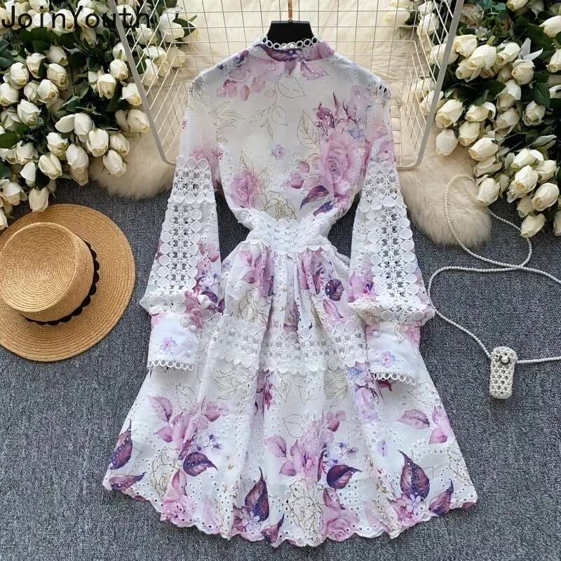 Temperament Robe Femme Chic Dresses for Women 2025 Vestidos De Mujer Slim Waist Floral Hollow Out Elegant Patchwork Lace Dress