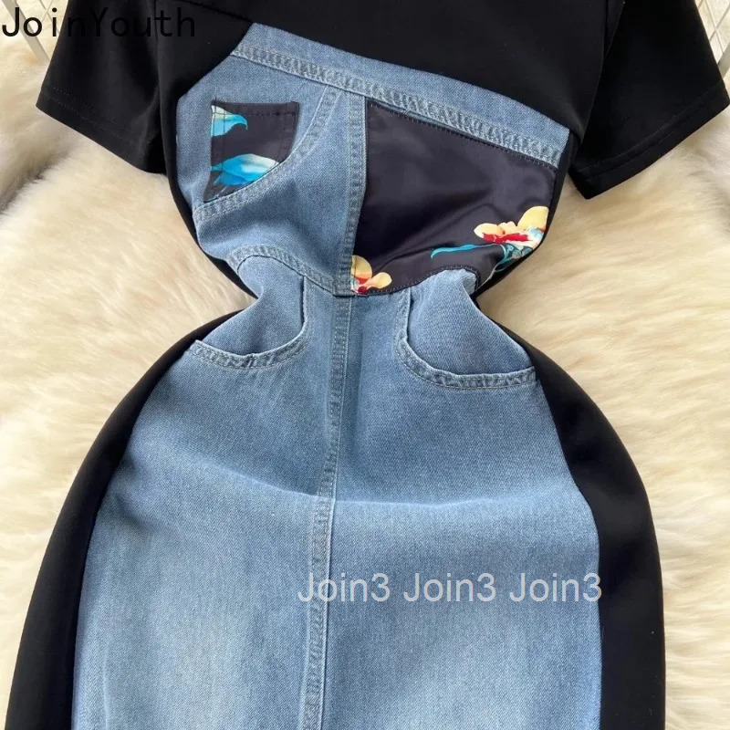 Summer Y2k Dresses for Womens O Neck Half Sleeve Casual Korean Femme Robe High Waist Slim Fit Patchwork Denim Fashion Dress
