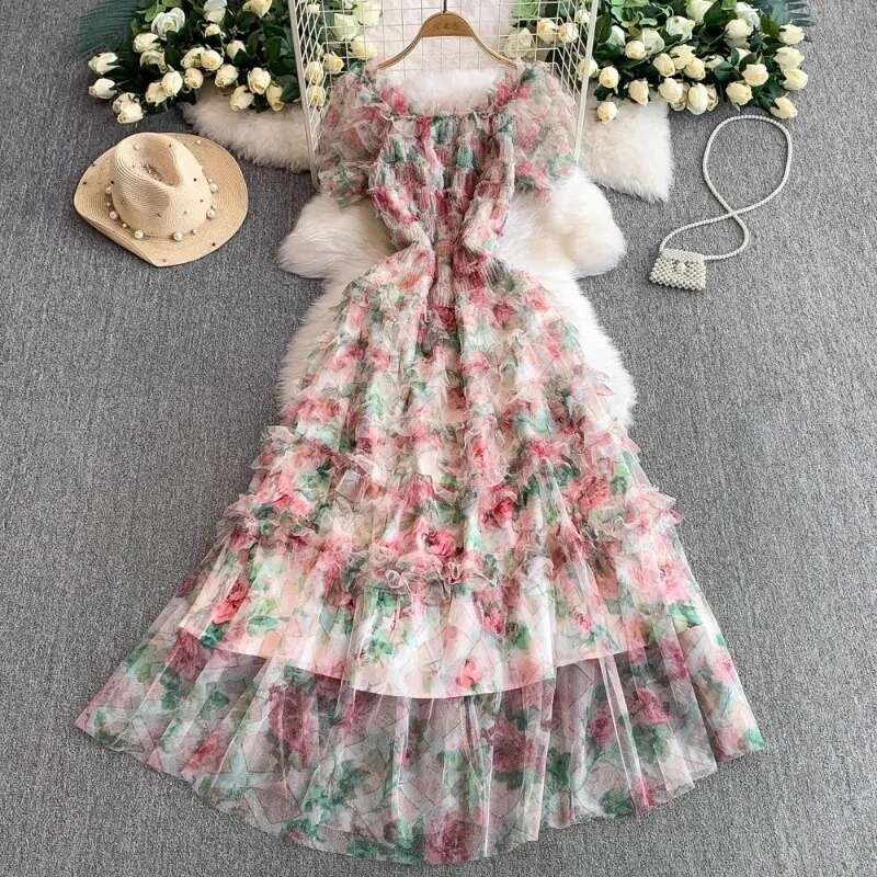 Temperament Robe Femme Summer Maxi Dresses Women 2025 Vestidos De Mujer Stand Neck Slim Waist Floral Folds Gauze Ruffles Dress