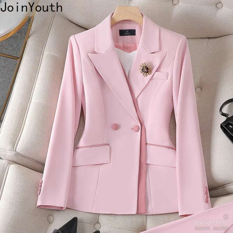 Temperament Korean Suit Fashion Pant Outfits Two Piece Sets Long Sleeve Tunic Coat High Waist Straight Pants Set Roupas Femme