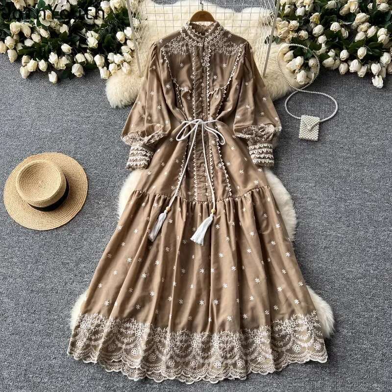 Vintage Embroidery Stand Collar Dresses for Women 2025 Summer New Robe Femme Heavy Elegant Lantern Sleeve Chic Vestido Feminino